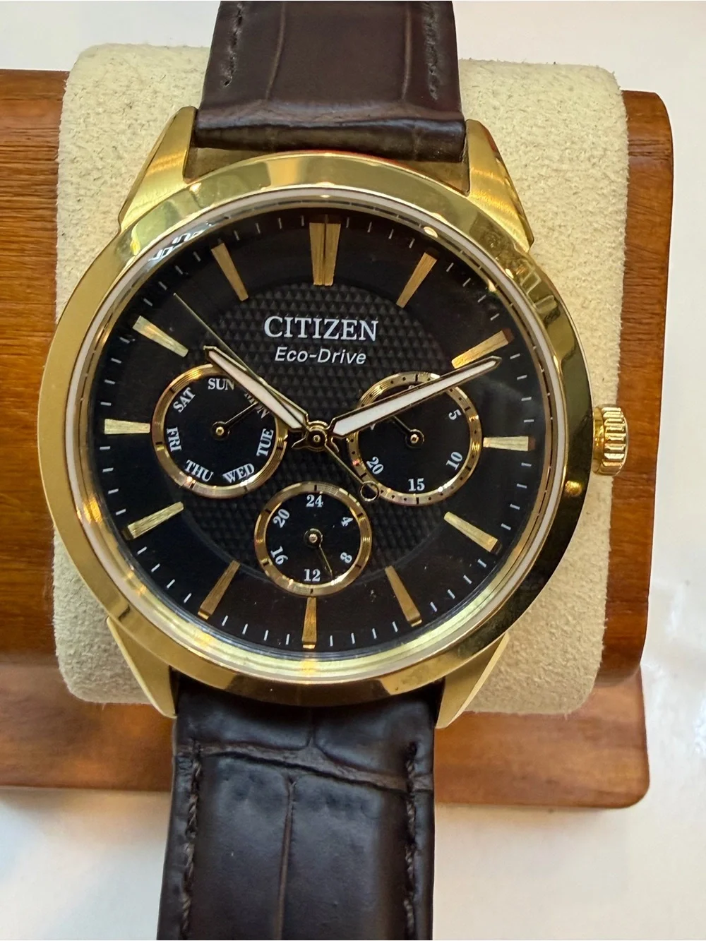 Citizen Eco-Drive Rolan Gold Case Black Dial Brown Leather Strap Watch